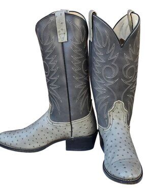 Vintage Acme Cowboy Boots Gray Faux Ostrich Leather Mens 8.5 D Western Wear USA